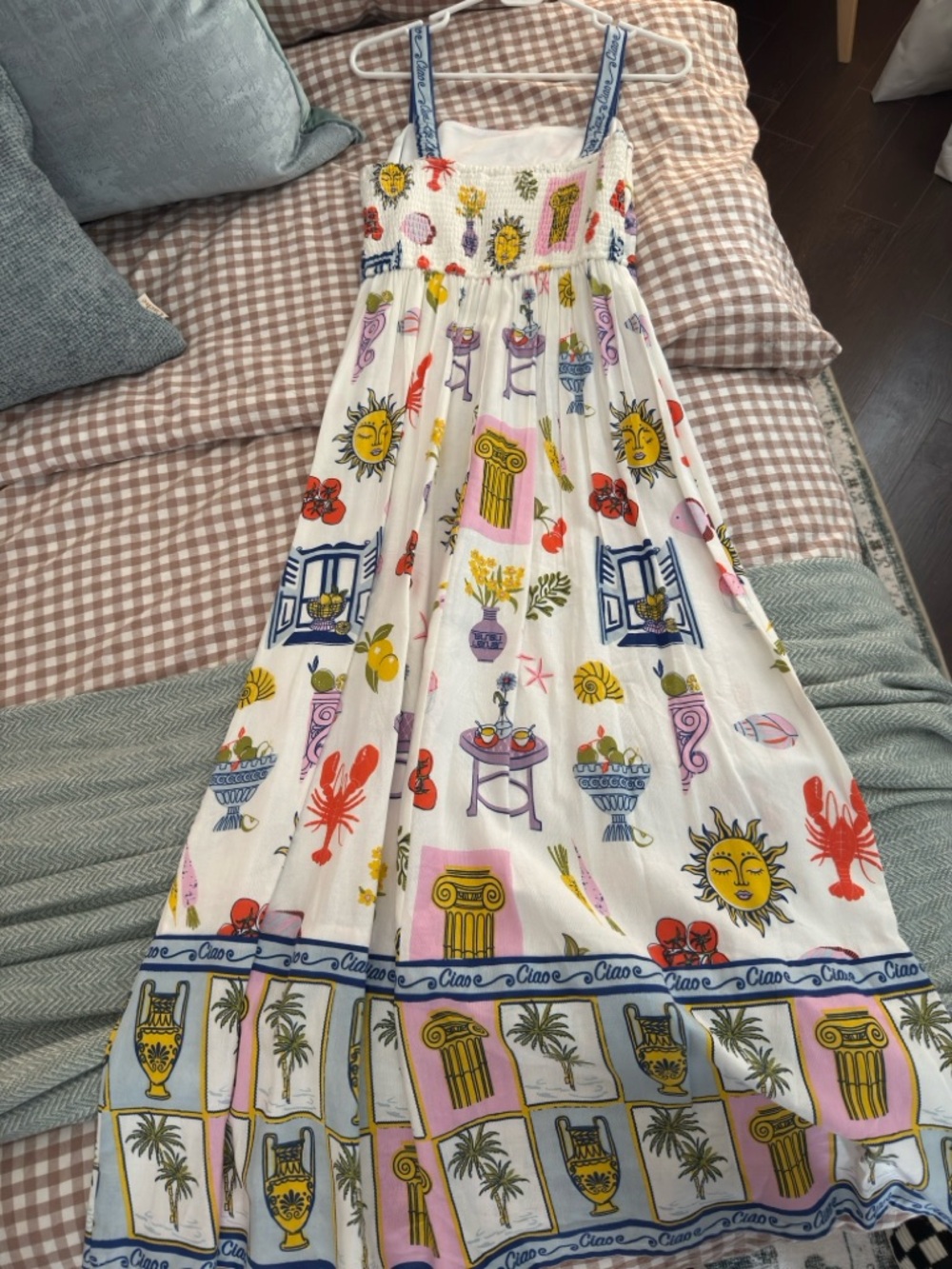 White Printed linen Sundress with Italian Motifs - Picture 3 of 5